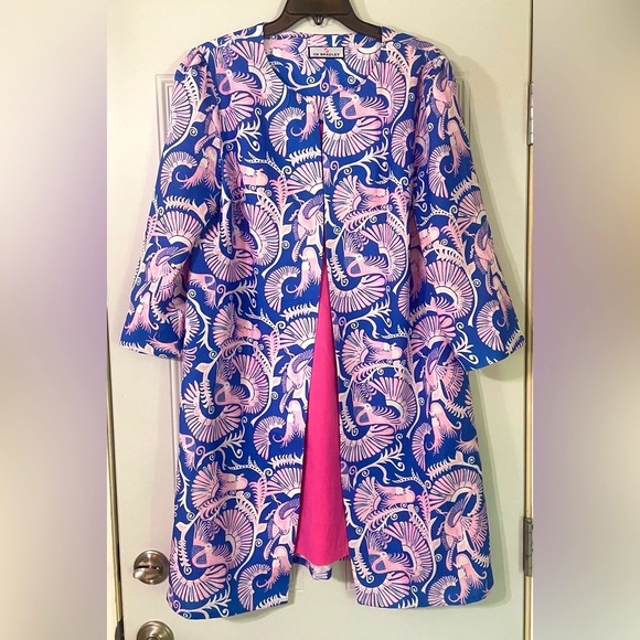 CK Bradley Sandpiper Jacket Coat Costa Pink Blue Print Open Front Sz XL - Picture 1 of 8
